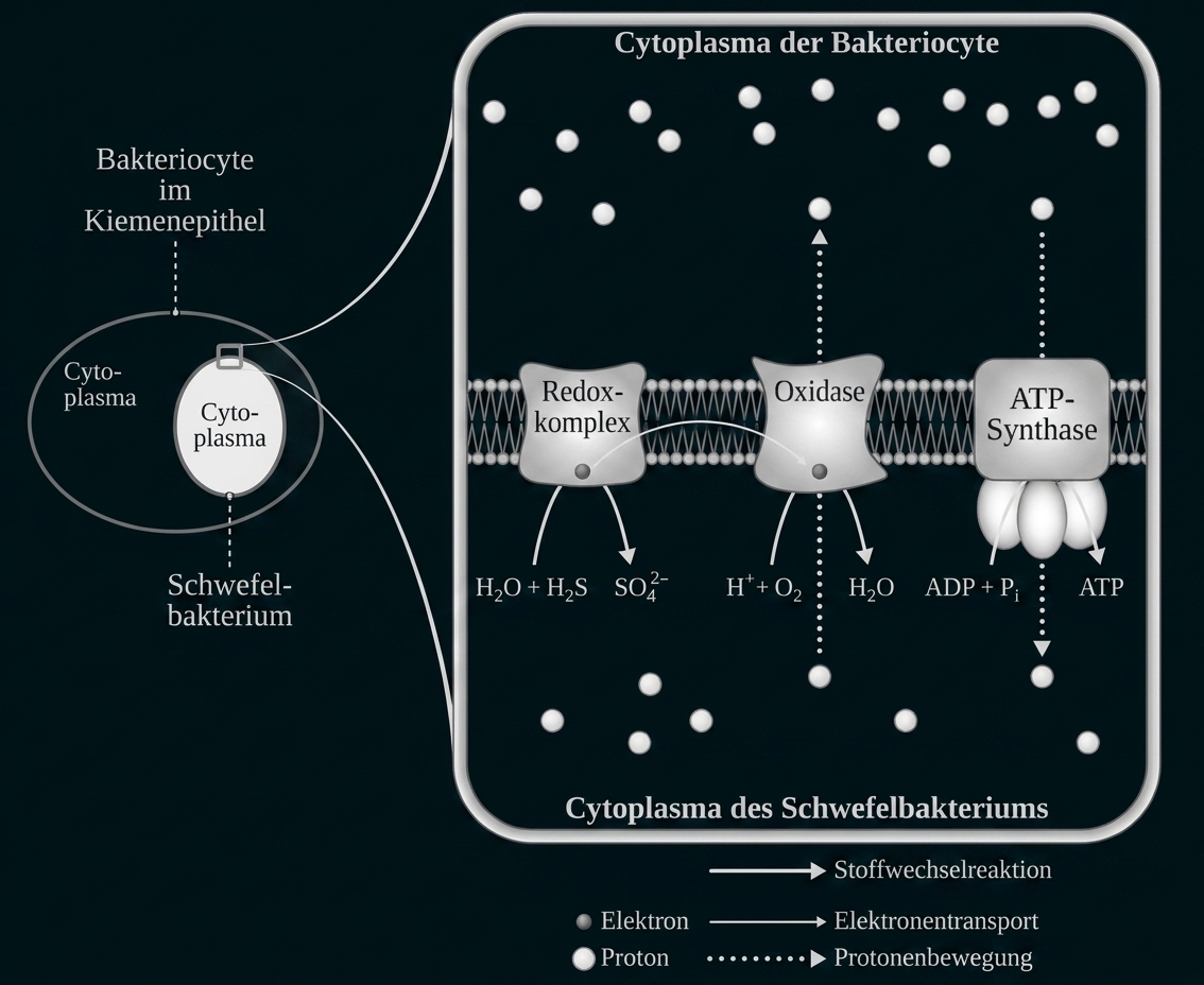 Schema eines Schwefelbakteriums mit Atmungskette und ATP-Synthase